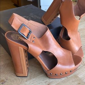 Brown leather platform block heels with cutouts